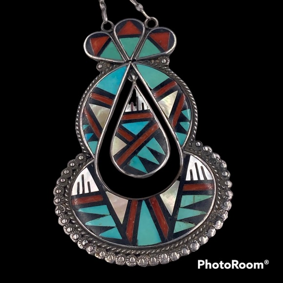 Vintage Zuni John and Rosali Bowannie Inlay Sterling Inlay Gemstone Necklace - Picture 2 of 4